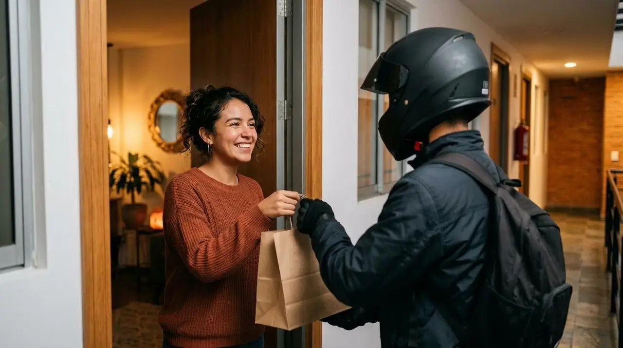 Una clienta sonríe al recibir su pedido de manos del domiciliario en la puerta de su casa