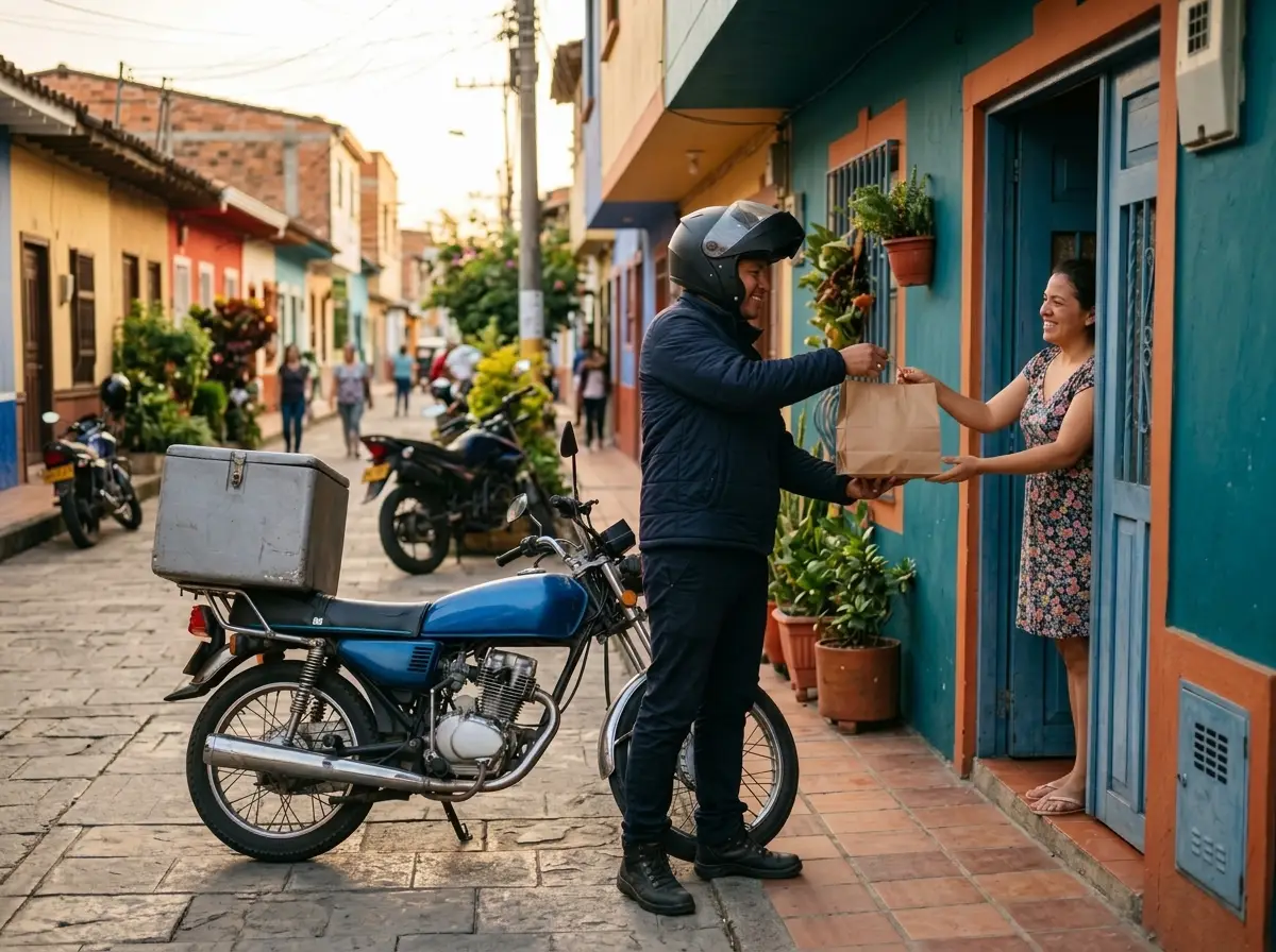 Un domiciliario entrega un pedido a una clienta en la puerta de su casa, junto a su moto